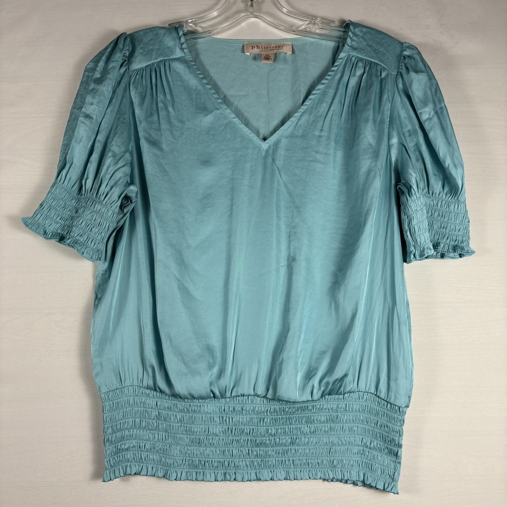Philosophy women pullover shirt aqua short sleeve vneck gathered light fun Small